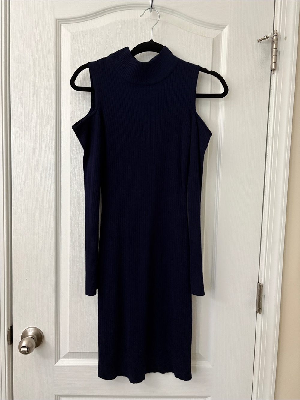 Sleeveless Mock Neck Ribbed Knit Dress - Navy